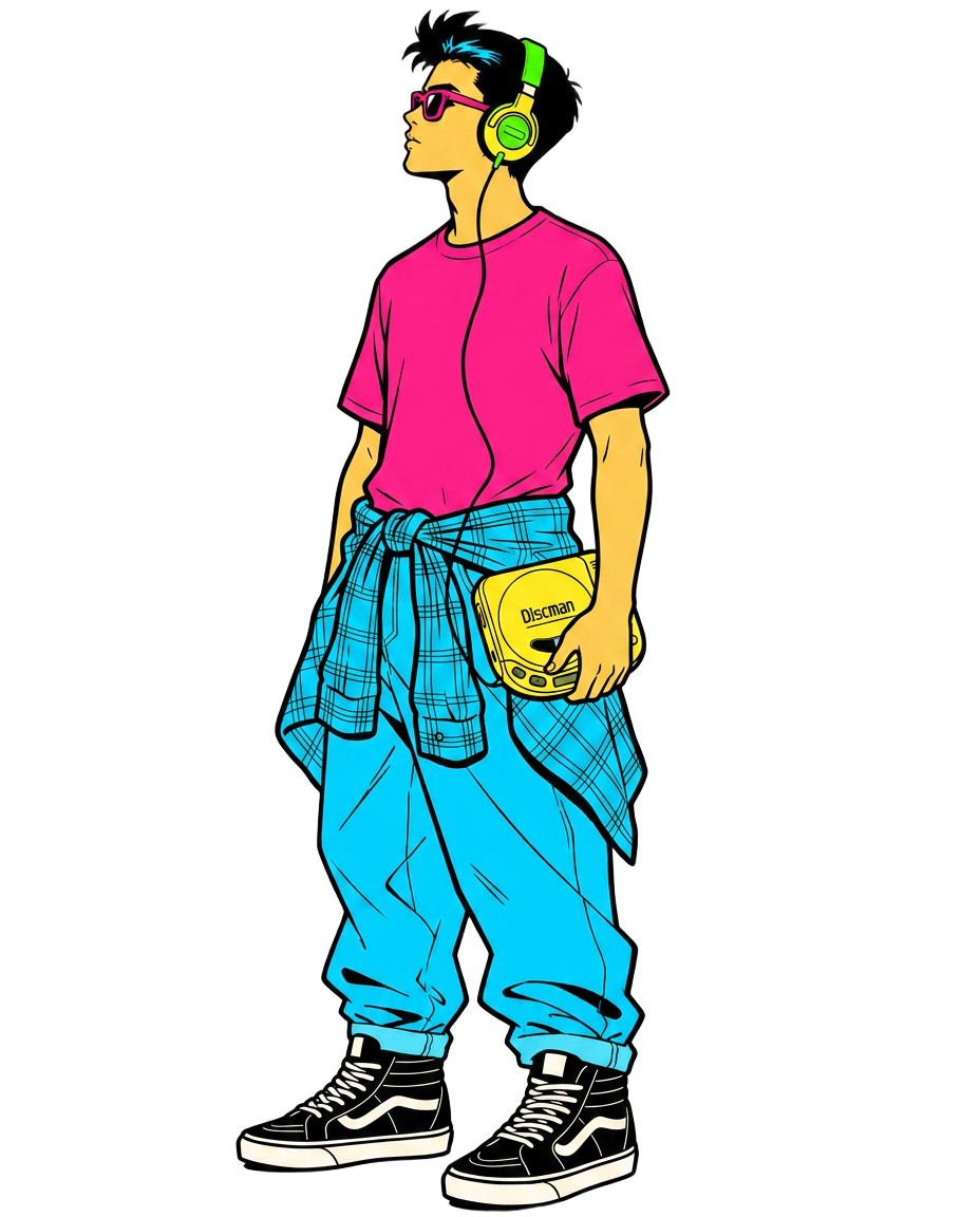 Stylized 90s character with headphones and a portable CD player, in Retro Grasp brand colors